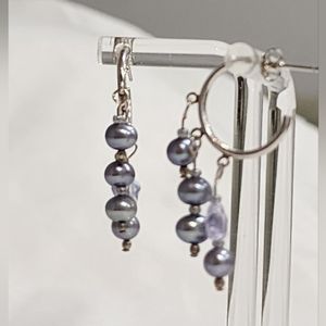 Feminine Peacock Culture Pearls & Crystal Sterling Silver Semi-Hoop Earrings